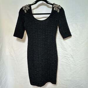 VTG TEA Black Crinkle Bodycon Mini Dress  Beaded Shoulders Whimsigoth NWT